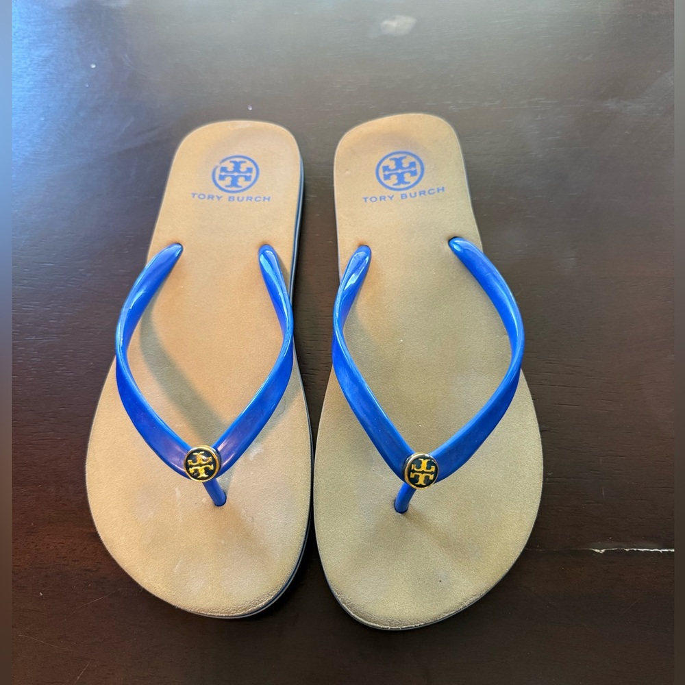 Tory Burch Royal Blue and Tan Flip Flops